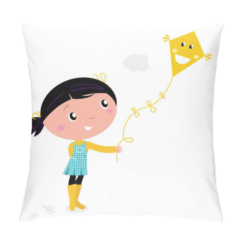 Personality  Little Cute Girl Flying Kite Isolated On White Pillow Covers