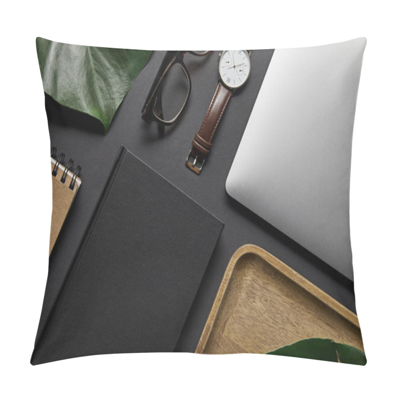 Personality  Flat Lay With Notebook And Laptop With Glasses And Watch On Black Background Pillow Covers