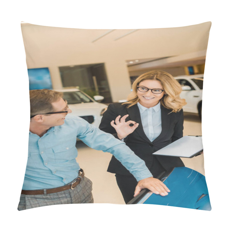 Personality  Adult Man Checking Luxury Sport Car With Female Car Dealer At Showroom While She Showing Okay Sign Pillow Covers