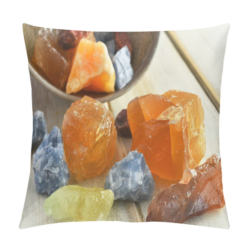 Personality  A Close Up Image Of A Hand Made Pottery Bowl And Red, Yellow, Blue, And Green Calcite Crystals.  Pillow Covers