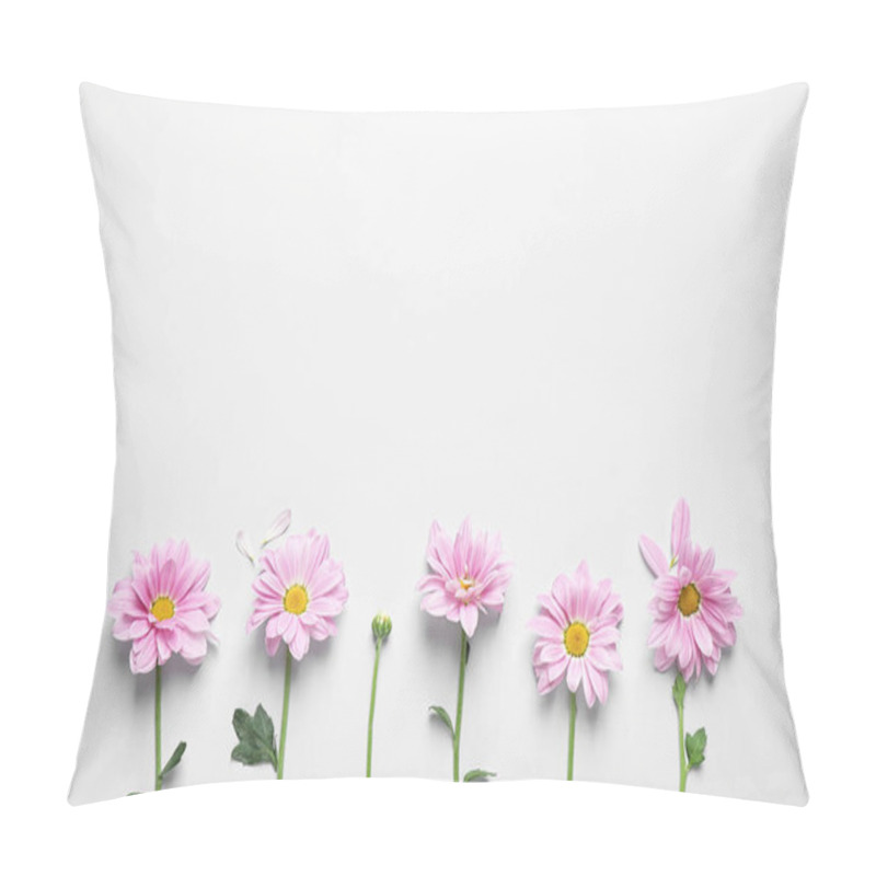 Personality  Beautiful Pink Chamomile Flowers On White Background, Flat Lay. Space For Text Pillow Covers