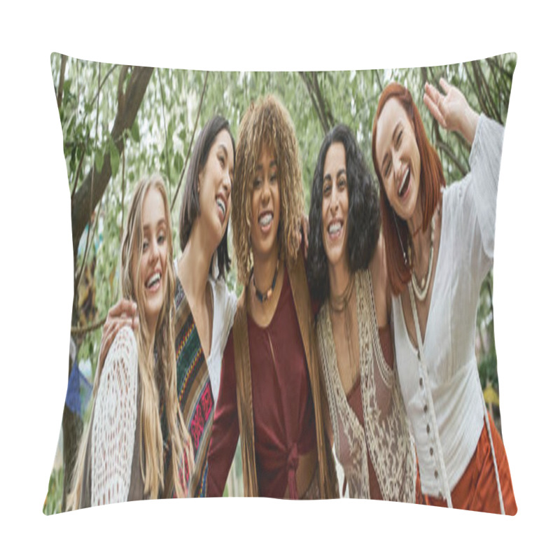 Personality  Cheerful Interracial Women In Boho Styled Clothes Looking At Camera In Retreat Center, Banner Pillow Covers