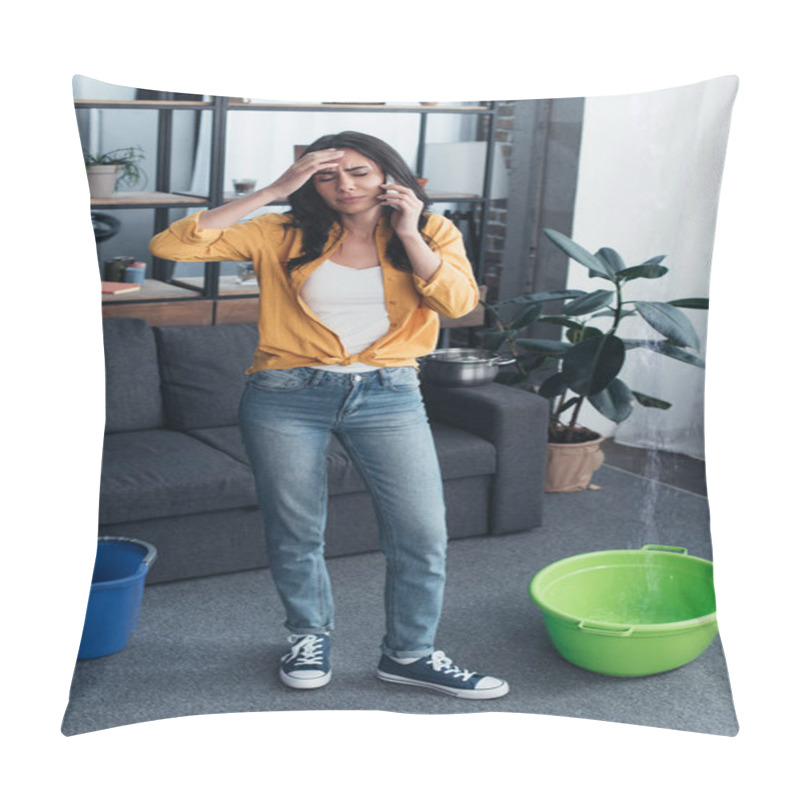 Personality  Tired Woman Touching Forehead While Talking On Phone Pillow Covers