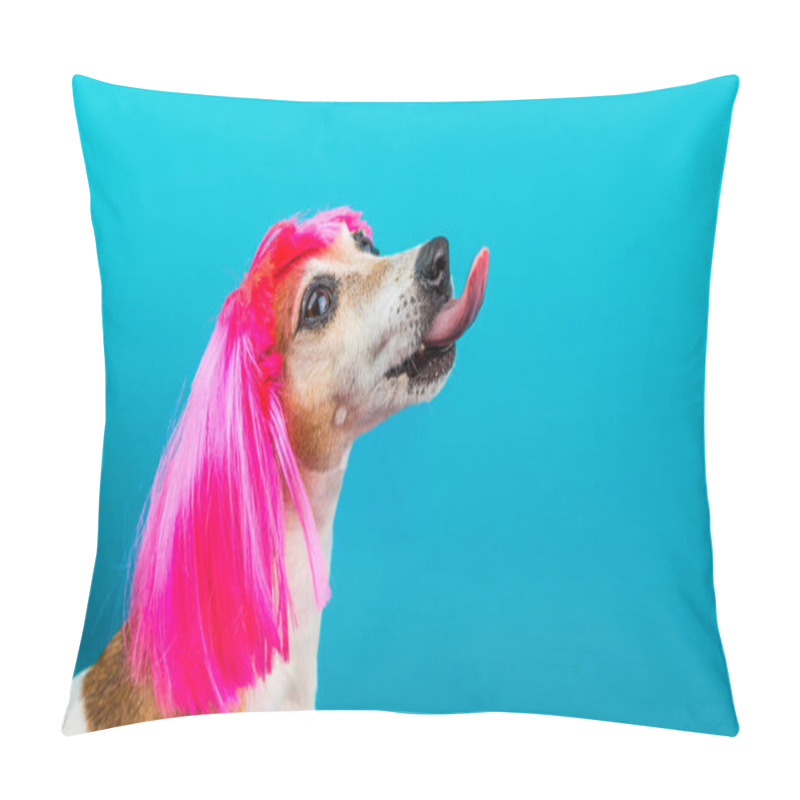 Personality  Funny Dog Profile In Pink Wig On Blue Background Licking. Pillow Covers