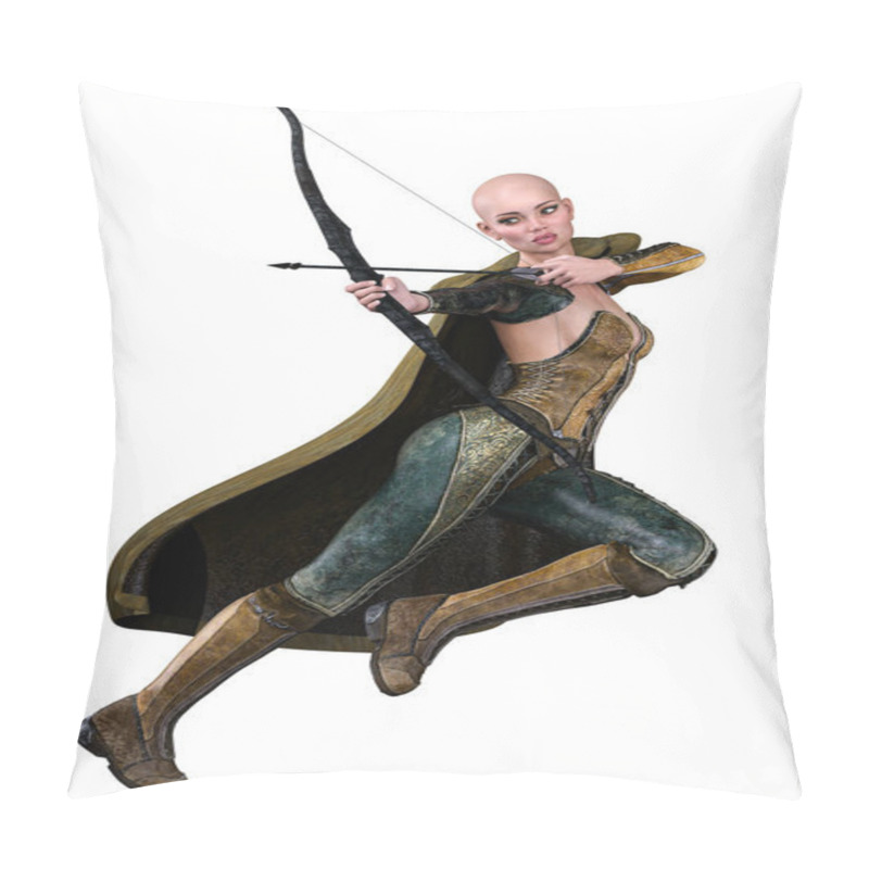 Personality  Caucasian Elf Archer Woman With Bow And Arrow On Isolated White Background, 3D Illustration, 3D Rendering Pillow Covers