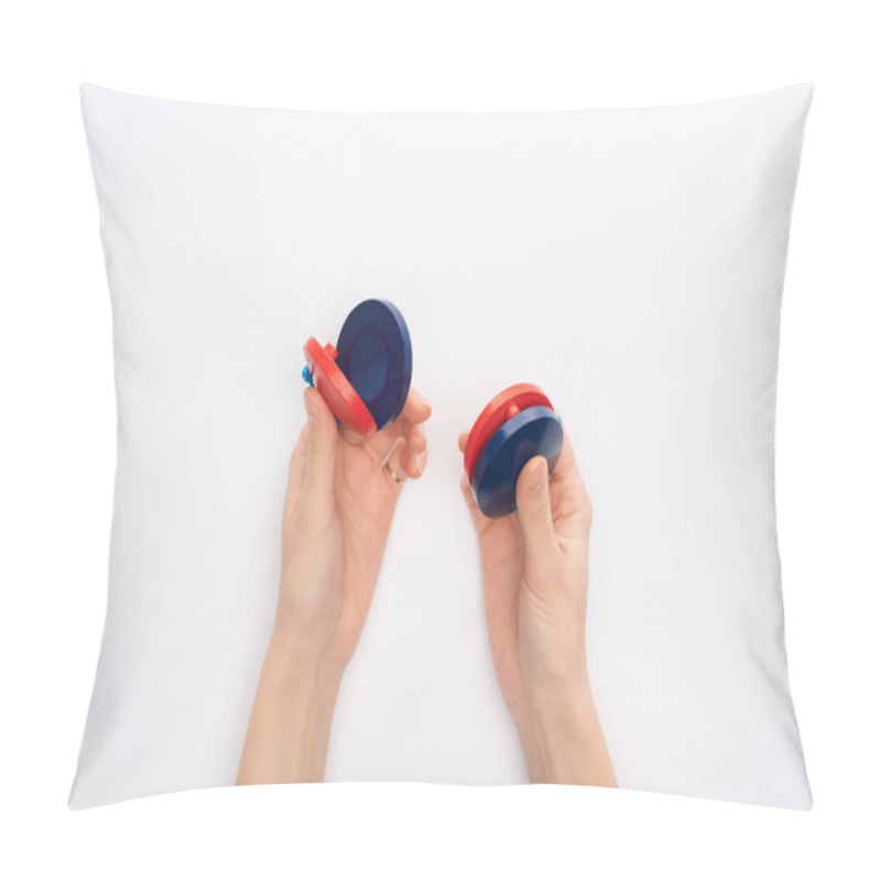 Personality  Cropped View Of Woman Holding Castanets On White Background Pillow Covers