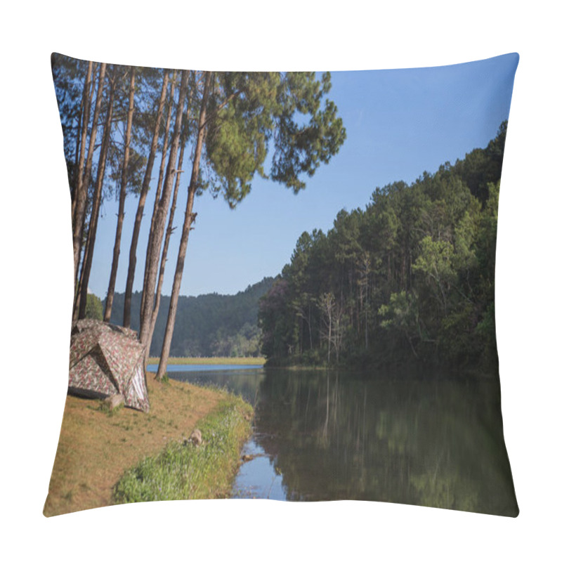 Personality  Tent Under The Pine Forest At Morning Against The Bright Sunligh Pillow Covers