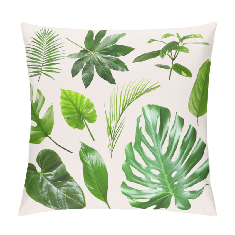 Personality  Set Of Different Tropical Leaves On Light Background Pillow Covers