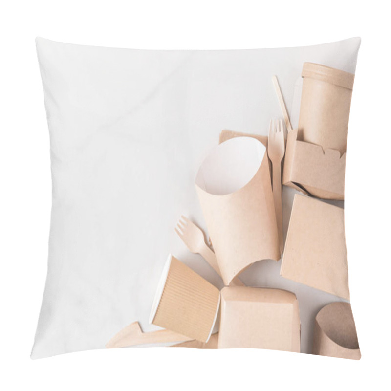 Personality  Eco-friendly Disposable Tableware Made Of Bamboo Wood And Paper On White Marble Background Pillow Covers