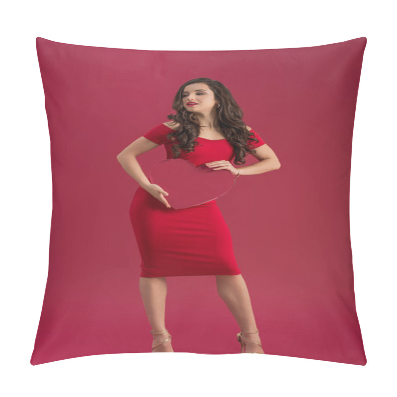 Personality  Sexy Girl In Elegant Red Dress And High Heeled Sandals Holding Paper Heart While Standing Isolated On Red Pillow Covers