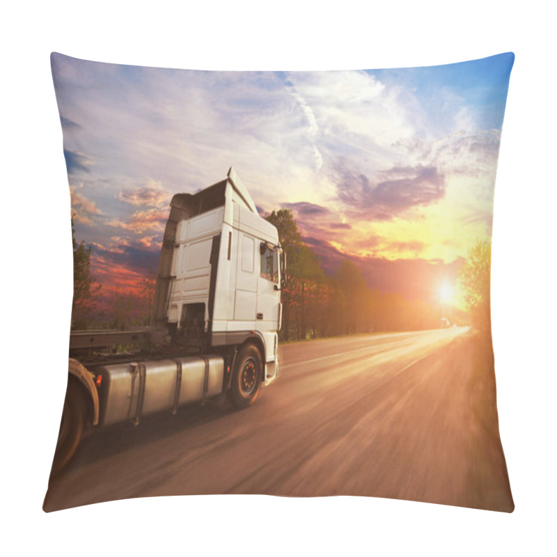 Personality  Big White Truck Driving Fast On The Countryside Road With Trees Against Bright Evening Sky With Sunset Pillow Covers