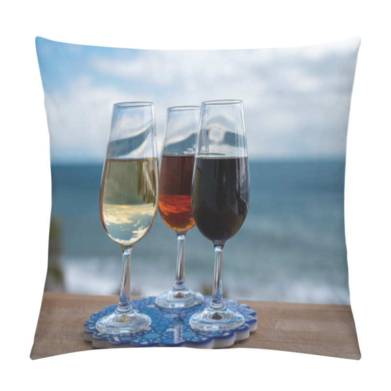 Personality  Tasting Of Spanish Sweet And Dry Fortified Vino De Jerez Sherry Wine And Green Olives With View On Blue Sea And Beach Near El Puerto De Santa Maria, Andalusia, Spain Pillow Covers