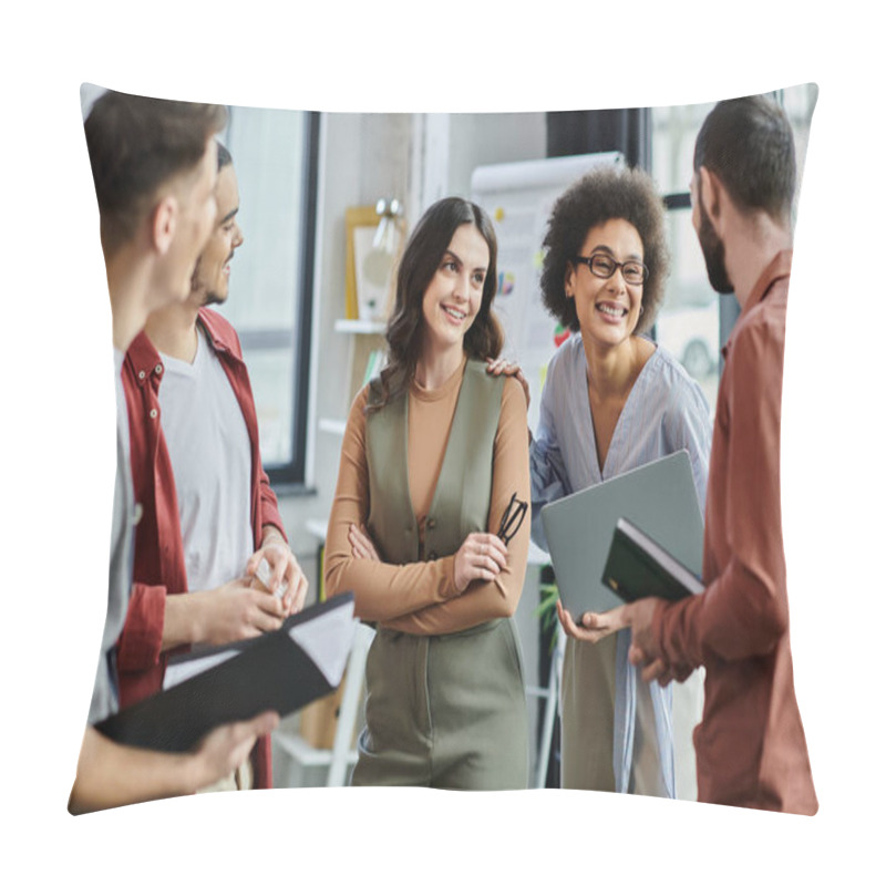 Personality  Colleagues Engage In Animated Conversations Amid A Challenging Layoff Process. Pillow Covers