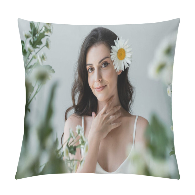 Personality  Portrait Of Smiling Woman With Chamomile In Hair Touching Neck Isolated On Grey  Pillow Covers