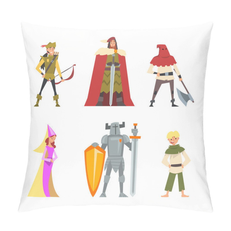 Personality  Medieval Knight With Sword, Robin Hood, Noble Man In Mantle, Peasant And Headsman Vector Set. Character From The Middle Ages Concept Pillow Covers