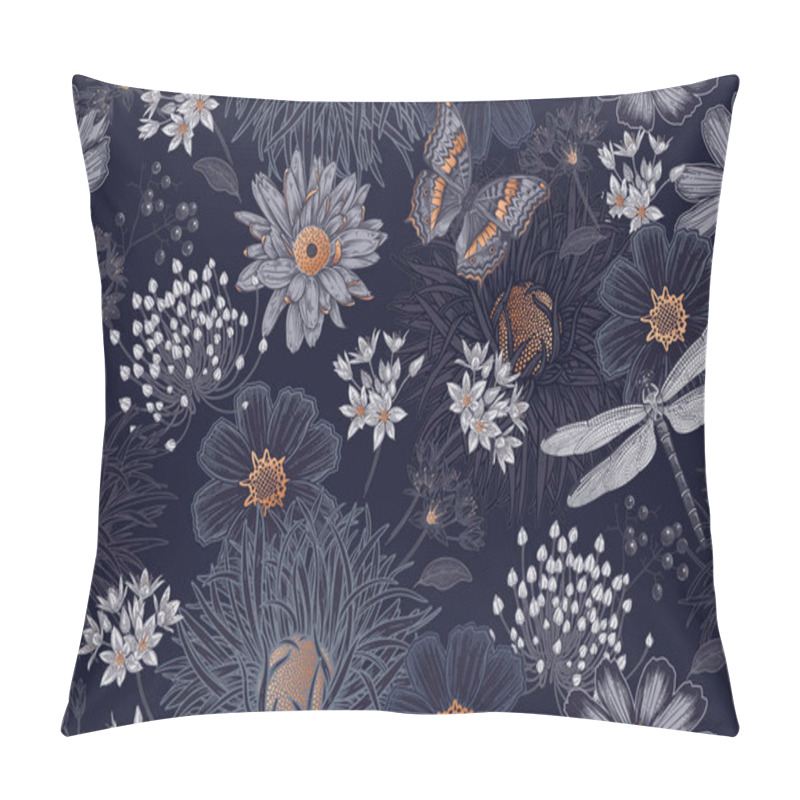 Personality  Cute Wildflowers, Butterflies And Dragonflies Seamless Pattern. Flowers And Insects. Vector Art Illustration. Navy Blue Background And Gold Foil Printing. Floral Pattern For Textiles, Paper, Wallpapers. Pillow Covers