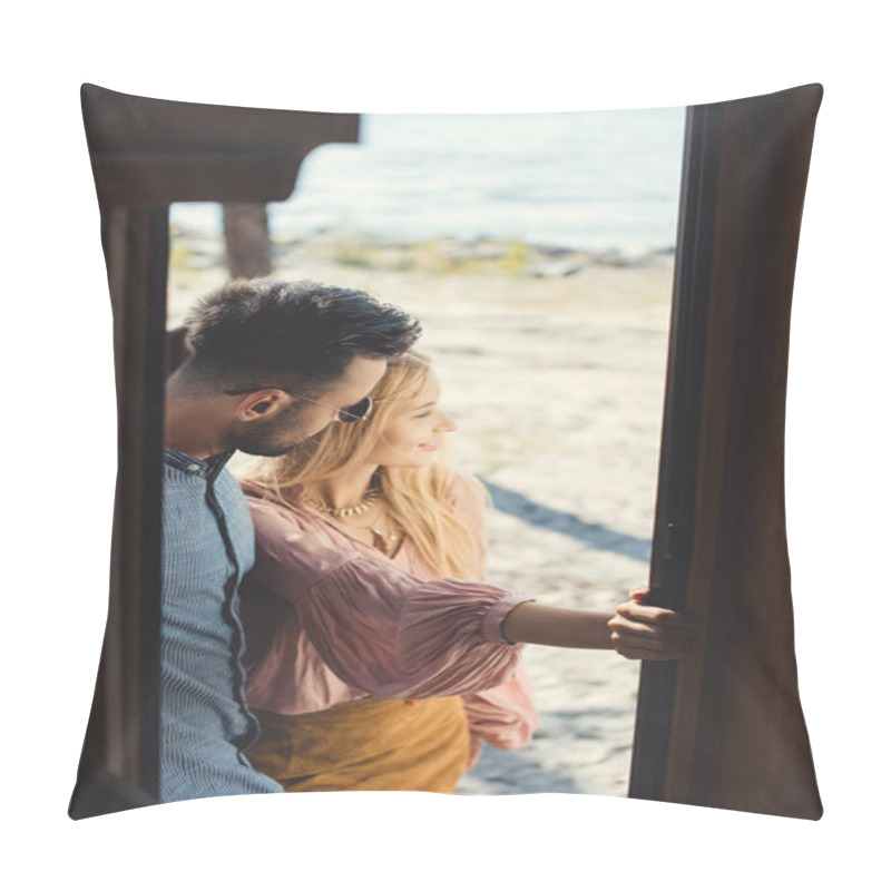 Personality  Hippie Couple Hugging In Door Of Camper Van Pillow Covers