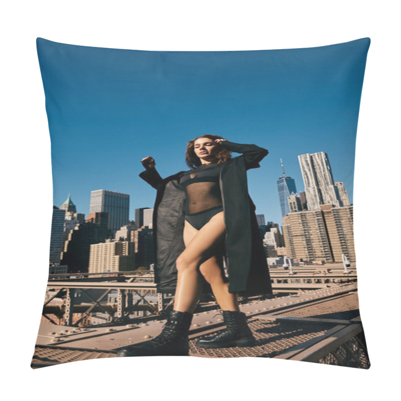 Personality  A Young Woman Dances On A Bridge In New York City. Pillow Covers