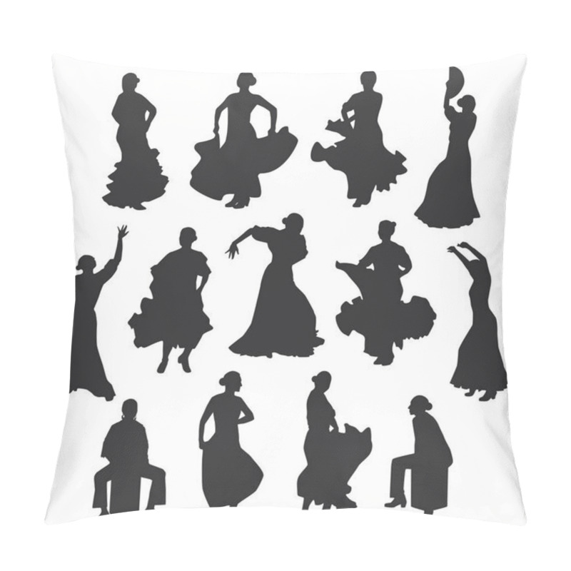 Personality  Set Of Women In Dress Stay In Dancing Pose. Flamenco Dancer Spanish Regions Of Andalusia, Extremadura And Murcia, Cajon Percussion Instrument. Black Silhouette White Background Brush Sketch. Vector Illustration Pillow Covers