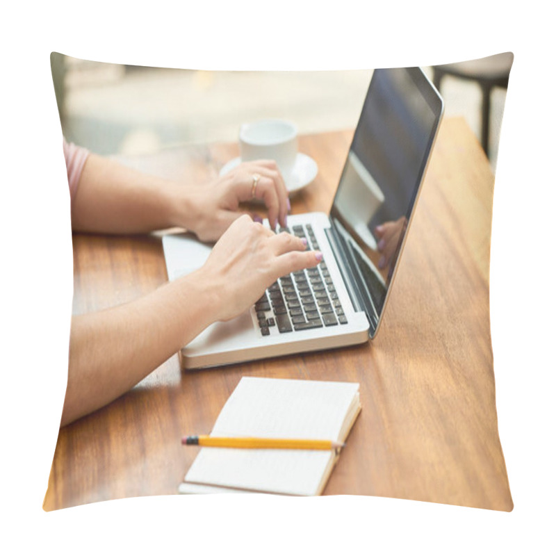 Personality  Hands Of Female Student With Opened Textbook On Her Desk Working On Laptop Pillow Covers