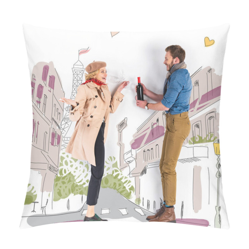 Personality  Happy Elegant Couple Holding Wine Bottle And Glasses With Paris Illustration On Background Pillow Covers