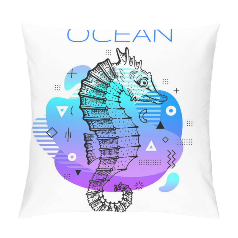 Personality  Sea Horse Summer Poster. Ocean Seahorse Hand Drawn Sketch, Geometric Shape. Trendy Line Art Concept In Spectrum Rainbow Color For Music Party, Fashion Event Flyer, T-shirt Print. Blue Disco Background Pillow Covers