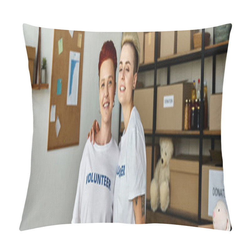 Personality  Two Women, A Young Lesbian Couple, Wearing Volunteer T-shirts, Stand Together With Smiles, Embodying Unity And Shared Purpose. Pillow Covers