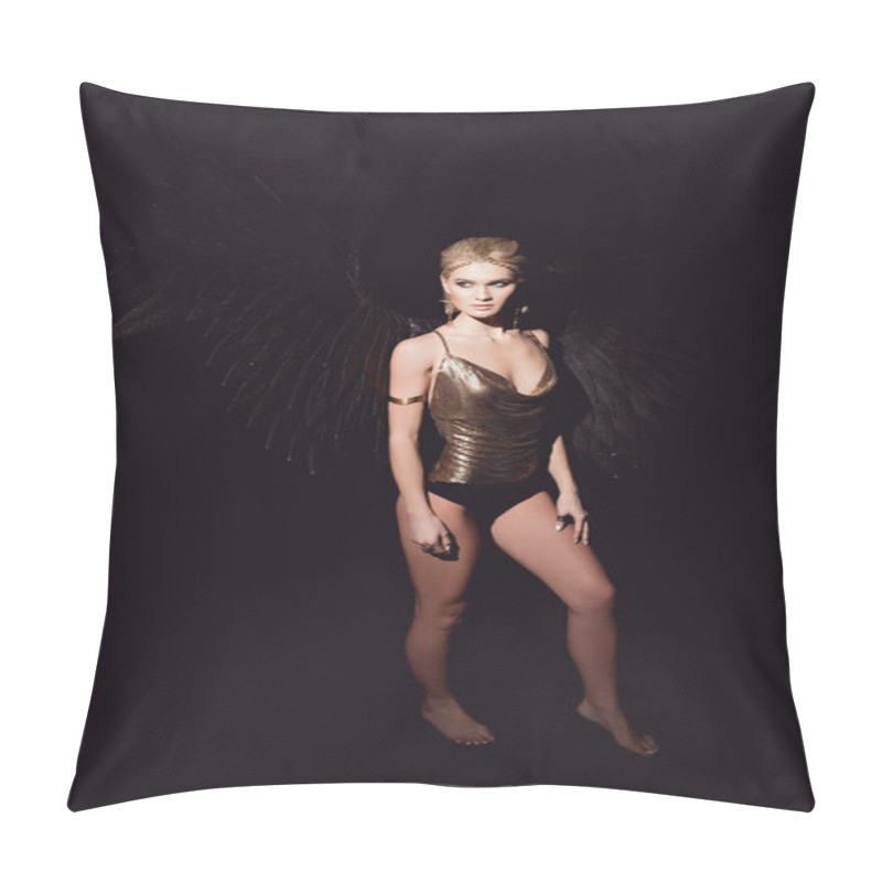 Personality  Beautiful Sexy Woman With Angel Wings And Golden Accessories Posing Isolated On Black Pillow Covers