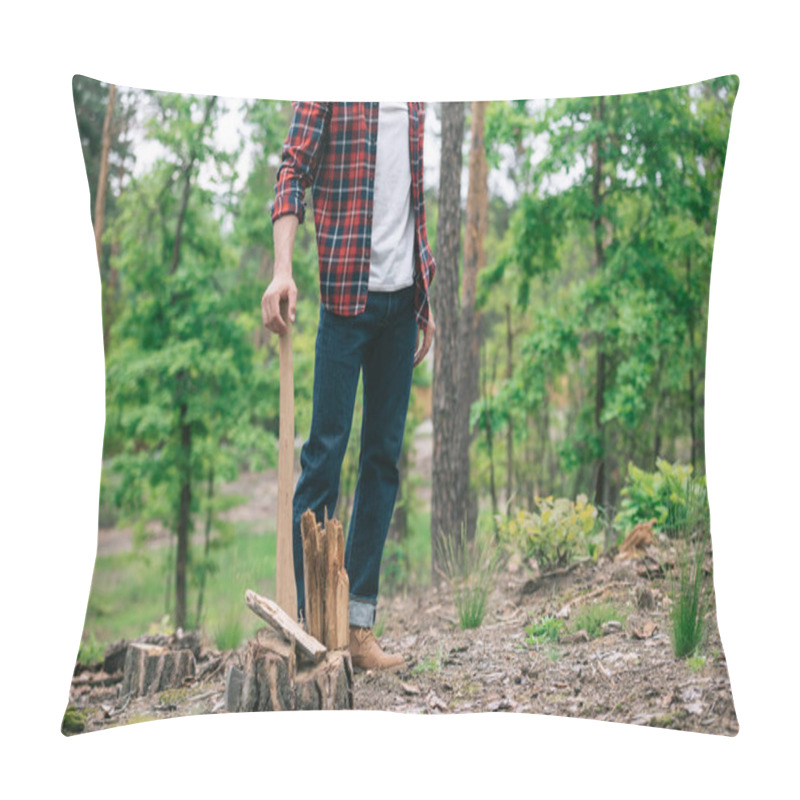 Personality  Partial View Of Lumberjack In Plaid Shirt And Denim Jeans Standing With Ax In Forest Pillow Covers