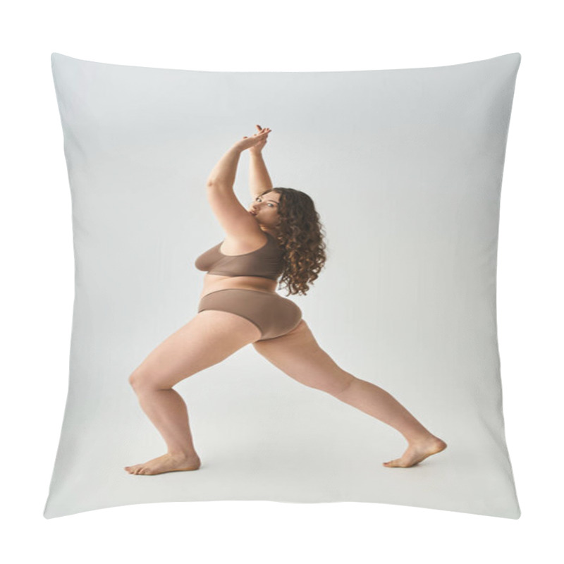 Personality  Attractive Curvy Young Woman In Underwear Posing From Sideways And Putting Hands To Up Pillow Covers