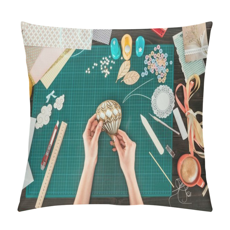 Personality  Cropped Image Of Designer Making Scrapbooking Decoration For Postcard In Shape Of Balloon Pillow Covers