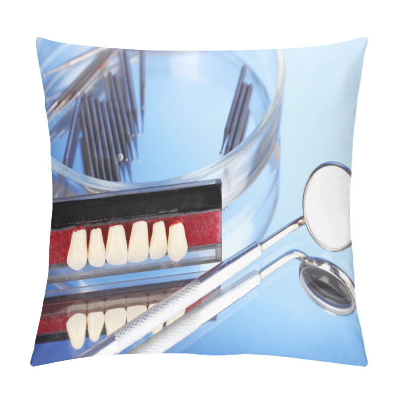 Personality  Denture With Dental Tools On Blue Background Pillow Covers