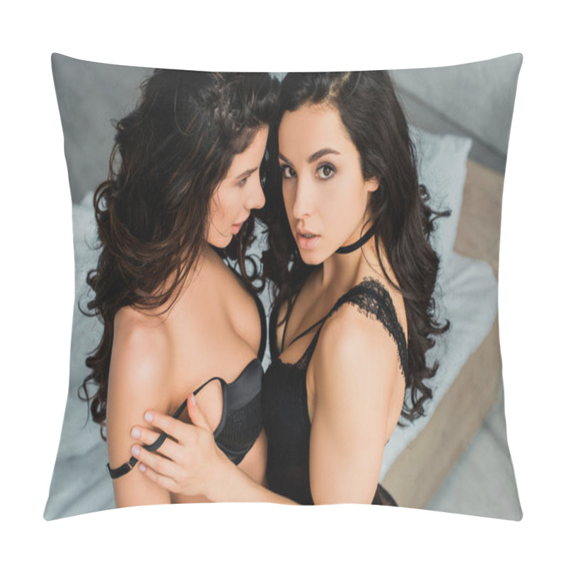 Personality  Attractive Sexy Women In Black Lingerie Hugging On Bed Pillow Covers