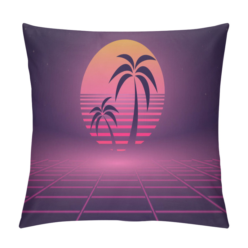 Personality   80s Retro Wave Neon Landscape With Palm Trees. Vector Image. Pillow Covers