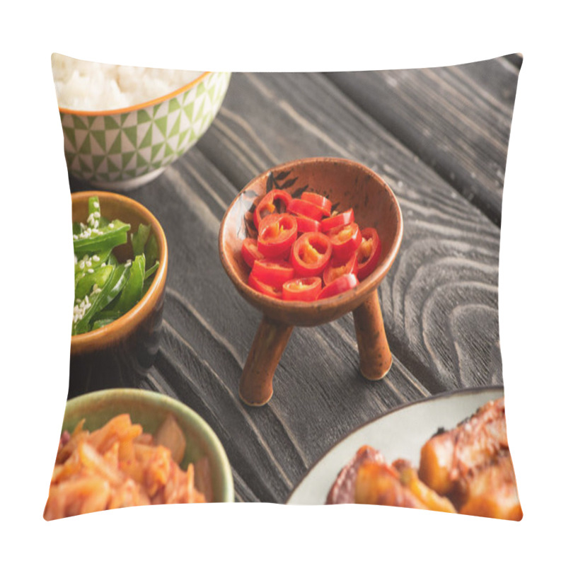 Personality  Selective Focus Of Green Bell Peppers Near Rice, Spicy Chili Peppers And Korean Side Dishes On Wooden Surface  Pillow Covers