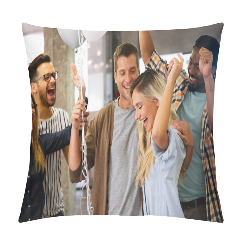 Personality  Happy Multiracial Young Group Of Business People Having Fun While Celebrating On Surprise Party In The Office. Pillow Covers