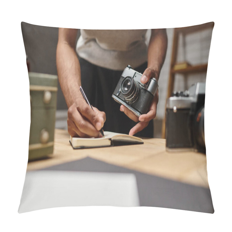 Personality  Cropped African American Guy Immersed In Writing Holding His Analog Camera In Photo Studio Pillow Covers