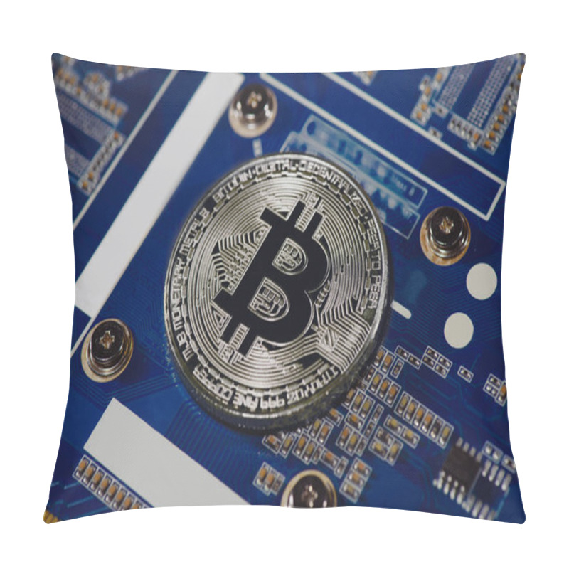 Personality  Close Up View Of Silver Bitcoin On Computer Motherboard Pillow Covers