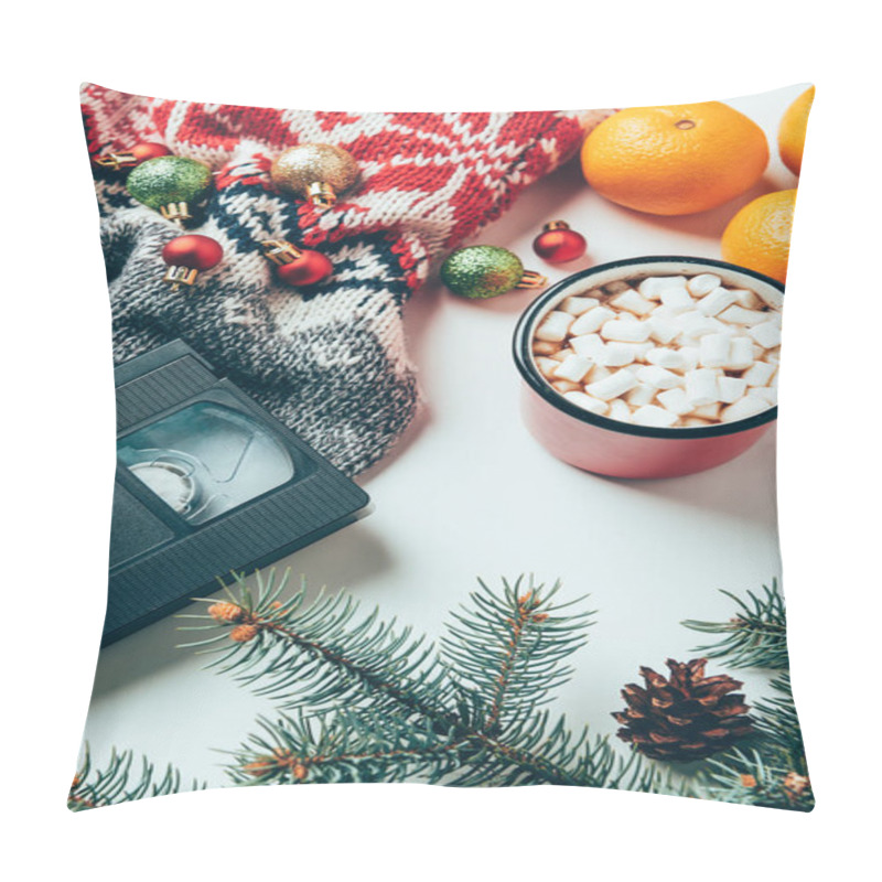 Personality  Top View Of Video Cassette, Sweater, Christmas Balls And Cup Of Hot Drink With Marshmallows On White Surface Pillow Covers