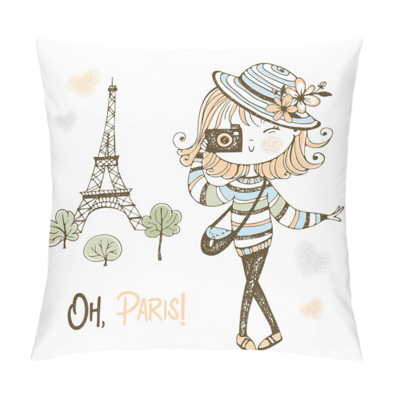 Personality  Cute Girl With A Camera In Paris. Travel. Vector Pillow Covers