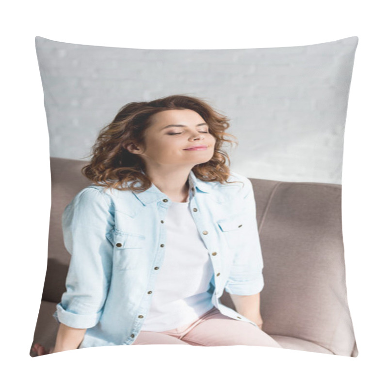 Personality  Inspired Curly Woman In Shirt Sitting On Sofa With Closed Eyes On Grey  Pillow Covers