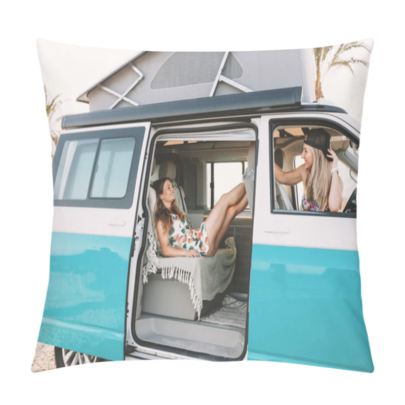 Personality  Two Young Women Having Fun In Her Van Near The Beach Pillow Covers