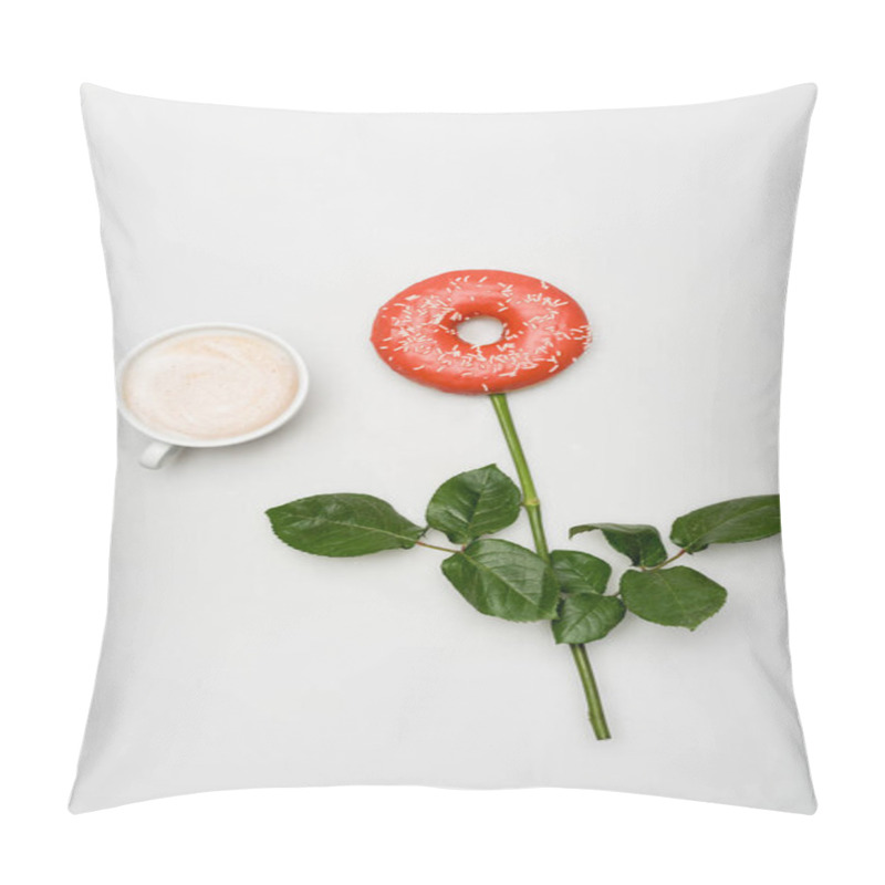 Personality  Top View Of Cup With Latte Near Doughnut And Green Leaves Imitating Flower On White Pillow Covers