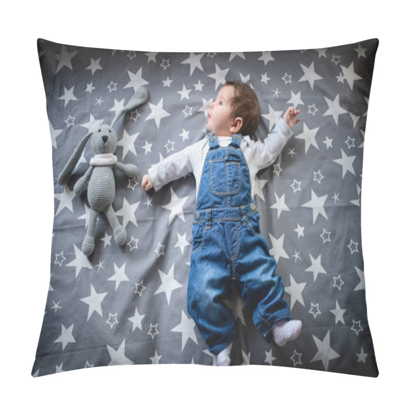 Personality  The Child Lies On A Star Blanket. Cute Newborn Baby Girl Lying In Bed. Owl Child Sleeping On A Blue Blanket With Stars. In Overalls From Jeans. Top View, Flat Lay Pillow Covers