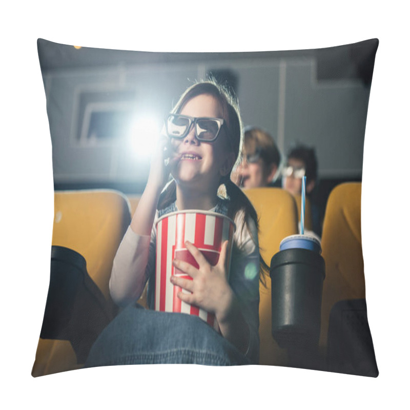 Personality  Cute Smiling Child In 3d Glasses Eating Popcorn And Watching Movie In Cinema Pillow Covers