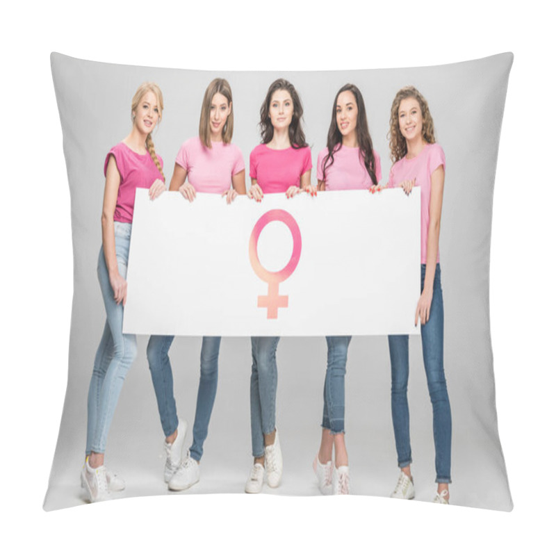 Personality  Attractive Girls Holding Large Sign With Female Symbol On Grey Background Pillow Covers