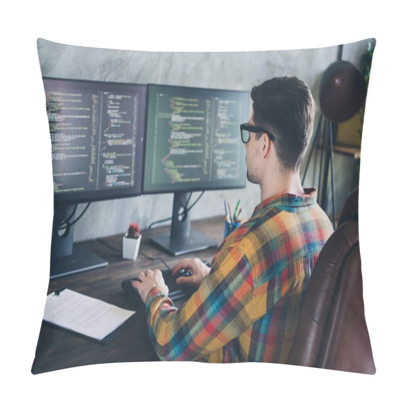 Personality  Rear Back View Photo Of Remote Worker Man Focused On Creating Perfect Data Analysis Automatic Bot Code Sitting Armchair At Home Office. Pillow Covers