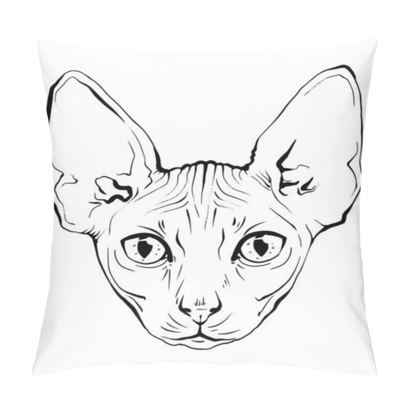 Personality  Vector Drawing Portrait Cat Hand Drawn. Black And White Muzzle Of A Sphinx Cat. Portrait Of A Cat Black And White Graphics Drawn By Ink. Feline Fluffy Portrait Of Purebred Pet On The Background Pillow Covers