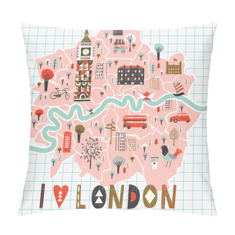 Personality  Cartoon Map Of London With Legend Icons Pillow Covers