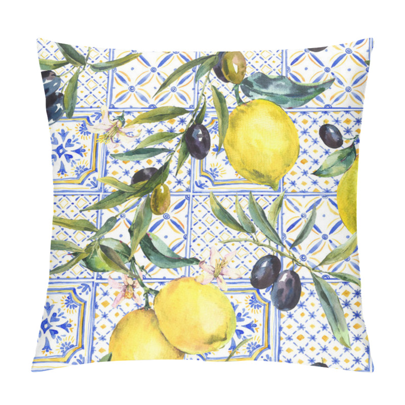 Personality  Watercolor Lemon, Olive Branches Ornament Seamless Pattern, Hand Drawn Yellow, Blue Print Texture. Vintage Summer Wallpaper. Pillow Covers